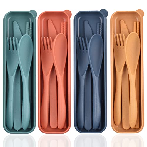 Reusable Utensils Set with Case, 4 Sets Wheat Straw Travel Cutlery Set, Portable Spoon Knife Fork Chopsticks Lunch Box Utensil Set for Kids Adults - color: 4 colors