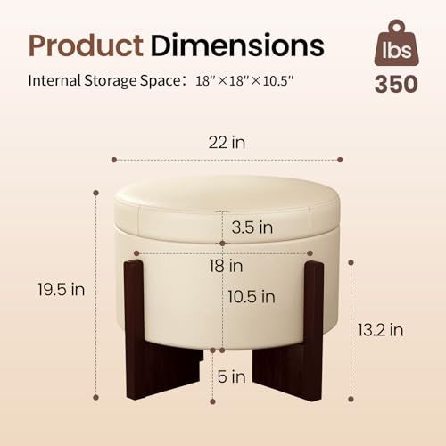 Faux Leather Round Ottoman, 22 Inch Storage Ottoman,PU Leather Ottoman,Multi-Functional Footrest for Living Room & Bedroom,Apartments (White, Round) - color: White