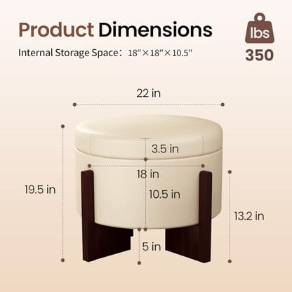 Faux Leather Round Ottoman, 22 Inch Storage Ottoman,PU Leather Ottoman,Multi-Functional Footrest for Living Room & Bedroom,Apartments (White, Round) - color: White