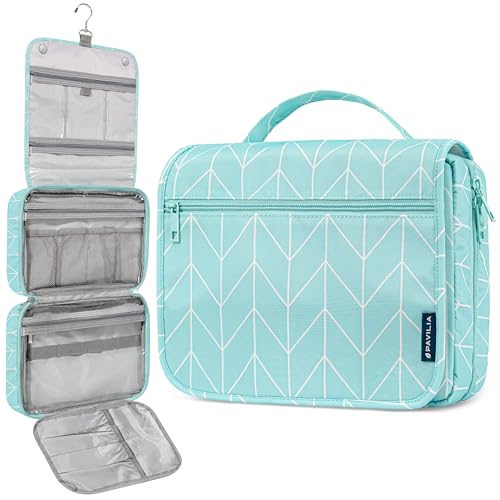 PAVILIA Hanging Toiletry Bag for Women Men, Large Travel Organizer with 5 Compartments & Swivel Hook, Dopp Kit, Foldable Water-Resistant Makeup Cosmetic Bag for Full Size Bottles (Teal Chevron) - color: Teal Chevron