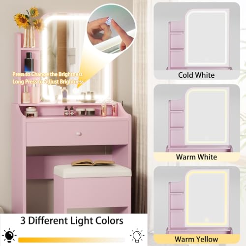LIKIMIO Small Makeup Vanity Desk with Mirror and Lights, Vanity Table Set with Storage Drawer, Chair and Three Shelves, Bedroom, Pink - color: Pink