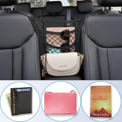 3-Layer Car Mesh Organizer Between Front Seats, 11.8 x 10.6 Inch Car Net Kid Pet Dog Net Barrier with Elastic Storage Pockets for Purses, Tissues, Fits SUV and Van - size: 11.8 x 10.6 Inch