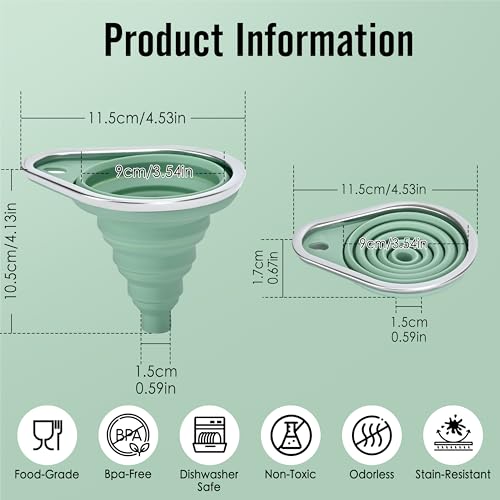 Stainless Steel Rim Small Silicone Collapsible Funnel Set, 2 Pack Mini Kitchen Funnels for Oil Bottles, Sauce, Vinegar, Essential Oils, Food Grade Liquid & Powder Transfer
