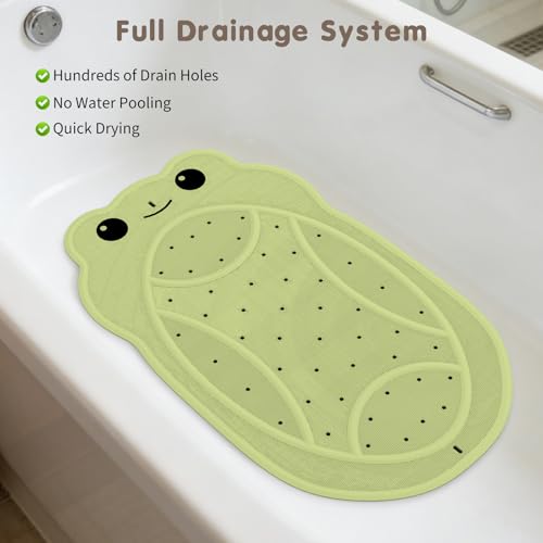 Upgraded Kids Bathtub Mat Non Slip, Low-Odor Natural Rubber Bath Mat with Strong 18mm Suction Cups, Flat Non-Slip Surface, 30"x18" Cute Frog Design, Shower Mat Fast Draining for Smooth Tubs, Green - color: Green
