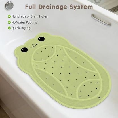 Upgraded Kids Bathtub Mat Non Slip, Low-Odor Natural Rubber Bath Mat with Strong 18mm Suction Cups, Flat Non-Slip Surface, 30"x18" Cute Frog Design, Shower Mat Fast Draining for Smooth Tubs, Green - color: Green