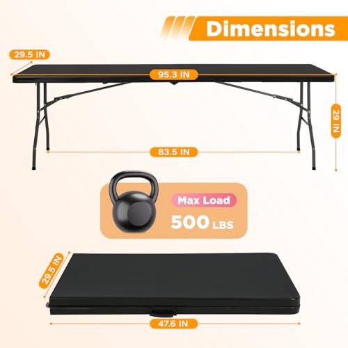FDW 8FT Folding Table, Portable Fold-in-Half Plastic Picnic Party Table with Carrying Handle (Black, 8FT) - color: Black, size: 8 FT 94"x29"