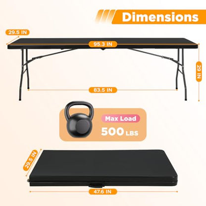 FDW 8FT Folding Table, Portable Fold-in-Half Plastic Picnic Party Table with Carrying Handle (Black, 8FT) - color: Black, size: 8 FT 94"x29"