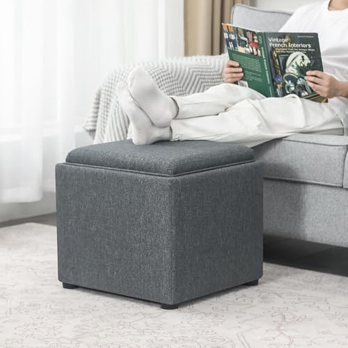 Adeco 17 inch Square Storage Ottoman with Reversible Tray Top, Linen Fabric Footrest Stool & Small Coffee Table for Living Room, Bedroom, and Dorm, Grey - color: Grey With Tray