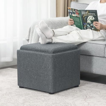 Adeco 17 inch Square Storage Ottoman with Reversible Tray Top, Linen Fabric Footrest Stool & Small Coffee Table for Living Room, Bedroom, and Dorm, Grey - color: Grey With Tray