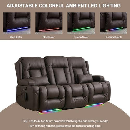 TUNYI Power Loveseat Recliner Sofa with Massage & Heat Home Theater Seating with Console RV Recliner Loveseat Sofa with USB/Storage/Side Pocket/LED Light/Speaker (Brown, 3 Seat) - color: Brown, size: 3 Seat