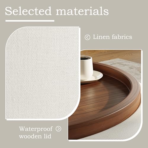 Round Storage Ottoman Coffee Table with Walnut Tray, 30'' Round Ottoman with Storage, Modern Upholstered Coffee Table with with 4 Casters for Living Room, Linen Fabric, Beige - color: Beige
