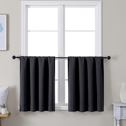 Simplebrand Ava Black Short 30 Inches Blackout Curtain 2 Panels Set, Half Window Rod Pocket Privacy Curtain Tiers for Kitchen, Curtains Blackout for Bathroom Shades, W30 x L30 Inch, Black - color: Black, size: 30"W x 30"L (Pack of 2)