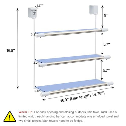 Over The Door Towel Rack, 16 Inch Wide 3 Tier Stainless Steel Towel Bar, Rust Proof Hanging Towel Holder for Bathroom, No Drill Easy Installation, Space Saving Bathroom Organizer