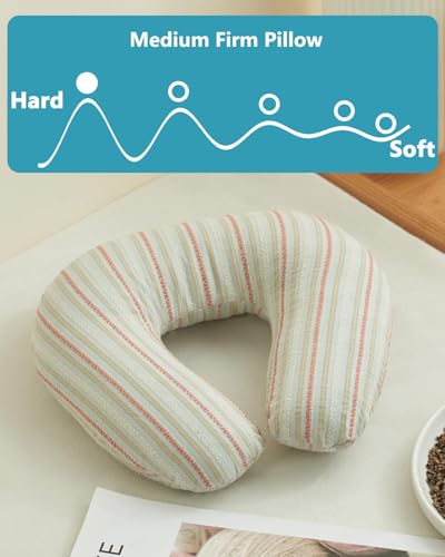 Buckwheat U Shaped Neck Pillow - 12''x12'' Adjustable Cervical Support Pillow with Breathable Buckwheat Hulls, Removable Cotton Cover, Ideal for Airplane, Office or Home Use (Grey) - color: Stripe-grey