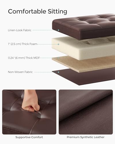 SONGMICS Small Folding Storage Ottoman, Foot Rest Stool, Cube Footrest, Synthetic Leather, 12.2 x 16.1 x 12.2 Inches, 286 lb Capacity, for Living Room, Bedroom, Dorm, Chestnut Brown ULSF100K02 - color: Chestnut Brown, style: Synthetic Leather