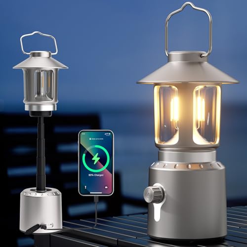 Camping Lantern Rechargeable, Telescopic 8000mAh Retro Waterproof Camping Light, Electric Lanterns for Power Outages, Vintage Hurricane Lamp for Tent Outdoor Patio RV Fishing - color: Silver