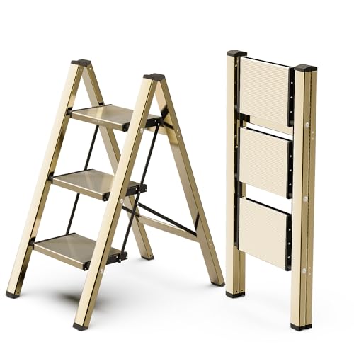 WOA WOA Step Ladder, 3 Step Foldable Step Stool with Widen Pedals, Portable Home Ladders for Kitchen, Lightweight Aluminum Stepladder, Compact Ladder for Space Saving (300lbs, Gold) - color: Brown Gold, size: 3 Step