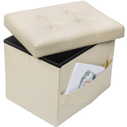 Bsketa Storage Ottoman Foot Rest Stool, Small Leather Storage Ottomans Bench, Folding Footstool with Side Pockets, Foot Rest Under Desk for Living Room Bedroom, 17x13x13 in, Beige - color: Beige-with Side Pockets..