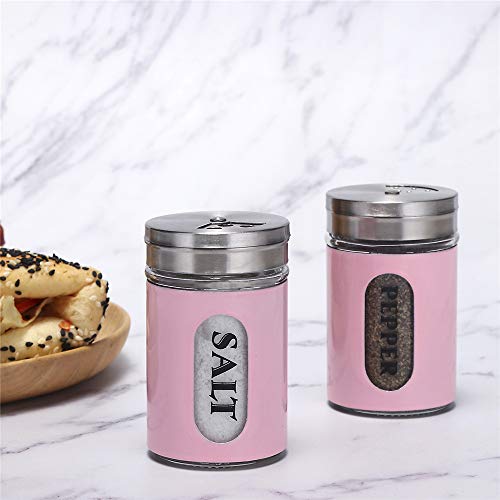 Salt and Pepper Shakers Stainless Steel and Glass Set with Adjustable Pour Holes (Pink) - color: Pink