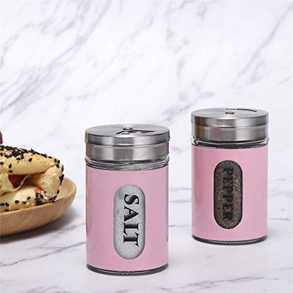 Salt and Pepper Shakers Stainless Steel and Glass Set with Adjustable Pour Holes (Pink) - color: Pink