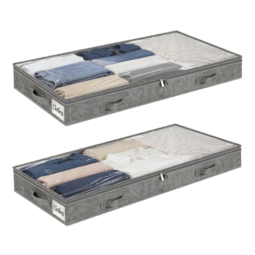 2 Pack 100L Low Profile Under Bed Storage Containers,4 Inches High Lightweight Underbed Storage NO STRUCTURE,Large Foldable Underbed Cloth Storage Bags for Blanket Fits Under Sofa,Couch,Grey