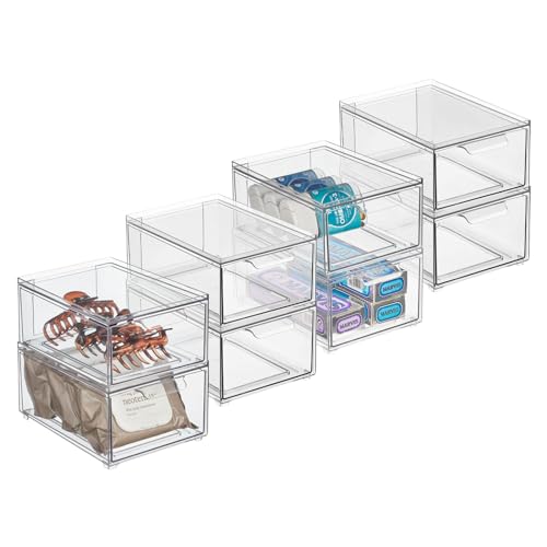 mDesign Plastic Bathroom Organizer Bin w/Pull Out Drawer - Slim Stackable Storage Container for Bathroom Accessories - Perfect for Organizing Bathroom Cabinet - Lumiere Collection - 8 Pack - Clear - size: 8 x 6 x 4 (Pack of 8)