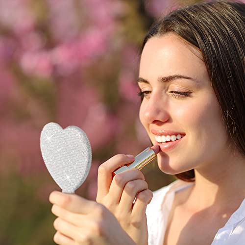 Tatuo 2 Pcs Large Rhinestone Handheld Mirror Heart Shaped Bling Glitter Portable Cosmetic Hand Mirror with Handle for Women Make up Brush Lash(Pink and White)
