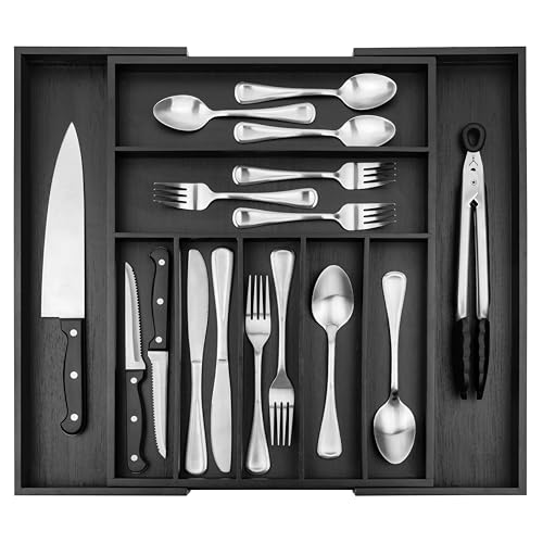 Purawood Bamboo Drawer Organizer - Expandable Silverware Organizer & Utensil Organizer, Cutlery Tray with Dividers, 7-9 Slots - Premium Kitchen Drawer Organizer for Utensils & Flatware (Black) - color: Black, size: 9 Slot