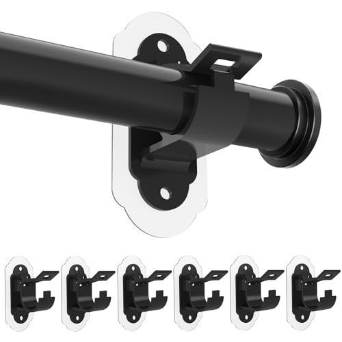No Drill Curtain Rod Brackets，No Drill Needed Curtain Rod Holders, Adhesive Curtain Rod Holder，Multipurpose Nail Free Stick on Curtain Rod Hooks Self Adhesive Rod Holder Hooks（Black 6Pcs） - color: Black-6pcs