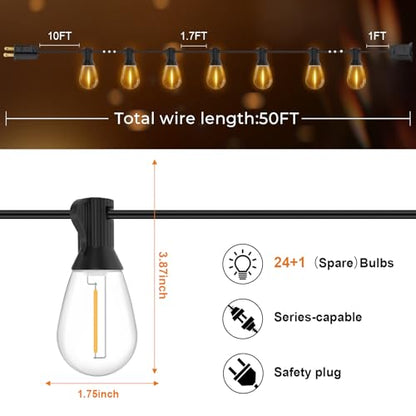 GvvooHome 50FT LED Outdoor String Lights with 25 Shatterproof Edison Bulbs (1 Spare), Dimmable Hanging Outdoor Lights for Backyard, Porch, 2700K Warm White - size: 50FT24PK
