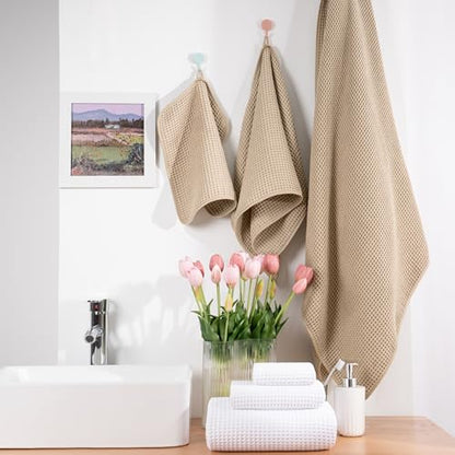 POLYTE 430 GSM Microfiber Quick Dry Lint Free Oversize Bath Towel Set, 6 Piece (Waffle Weave) - color: White,beige