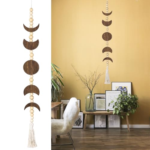 Moon Phase Wall Hanging Wood Beaded with Tassel,Phases of The Moon,Boho Home Decor for Living Room Bedroom Office(Brown) - color: Brown