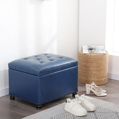 Joveco Faux Leather Storage Ottoman Bench Rectangle 24 Inch Foot Rest Ottomans - color: Blue Faux Leather