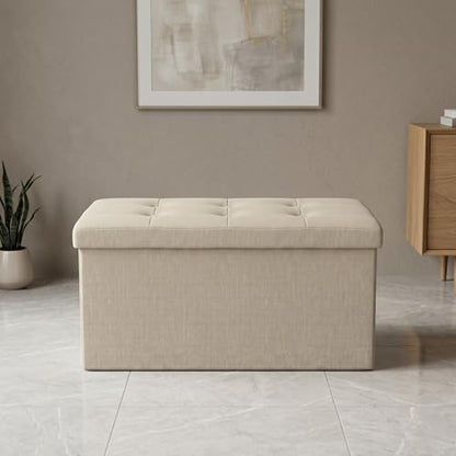 HOME DESIGN Florence 30" Upholstered Folding Storage Bench, Tufted Top, Space-Saving Storage, Beige Linen Fabric - color: Beige Linen