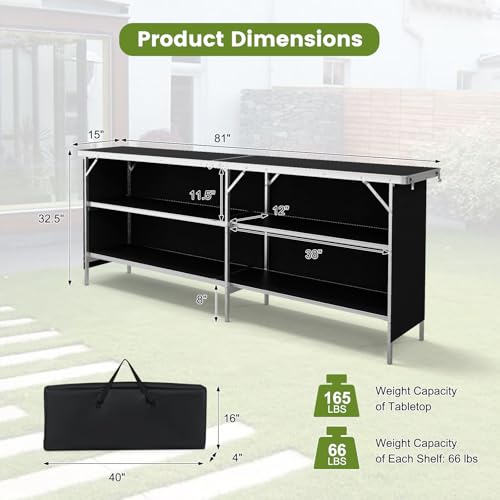COSTWAY 81" Folding Picnic Table, Portable Bar Table with Carry Bag, Lightweight Aluminum Food Prep Station with 2 Shelves, Quick Set-up, BBQ, Party, Backyard, Black - color: Black, size: 81"W x 32.5"H