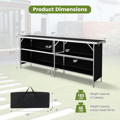 COSTWAY 81" Folding Picnic Table, Portable Bar Table with Carry Bag, Lightweight Aluminum Food Prep Station with 2 Shelves, Quick Set-up, BBQ, Party, Backyard, Black - color: Black, size: 81"W x 32.5"H