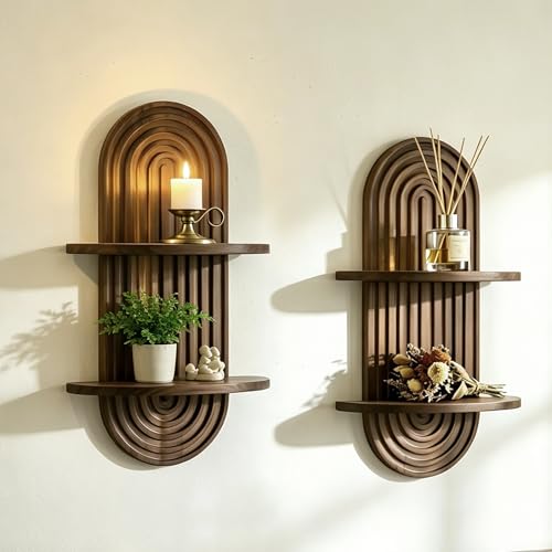 Boho Shelves Bohemian Decorative Wall Shelves Boho Chic Wall Decor for Living room 2 Pieces 16.9 x 9.4 Inch Wooden Boho Shelf Decor Hanging Shelves for Wall Mounted Candle (Double layer - Vintage) - color: Double Layer - Vintage