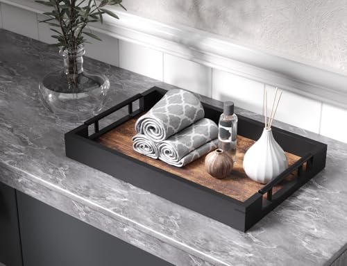 Fibogollo Wooden Serving Tray with Metal Handles,15x9.8in Ottoman Decorative Trays Platter for Coffee Table,Living Room,Bar,Party,Medium - size: 15" x 9.8" x 1.8"