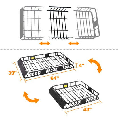 XCAR 64"x 39"x 4" Universal Roof Rack Basket Black with 3' x 4' Cargo Net and Rooftop Cargo Carrier Bag 15 Cubic ft - Car Top Luggage Storage Holder Baskets for SUV Truck Vehicle - size: Roof rack + Bag + Net