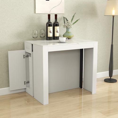 24"-118" Extendable Dining Table with Storage for 2-12 People, Modern Space-Saving Extra Long Wood Folding Table with USB & AC Outlets, Multifunctional Conference Meeting Table, White Marble - color: White Marble, style: 24" - 118.5" (2-12 People)