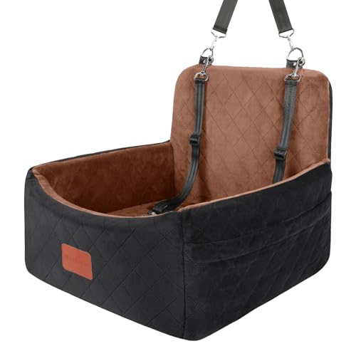 WOOAIDAGG Dog Car Seat for Small Dogs Under 30lbs,Ultra Soft Fabric & Memory Foam Pet Travel Car Bed,Washable & Detachable,Anti-Slip Bottom,2 Storage Pockets and Safety Tethers(Black/Brown) - color: Black/Brown