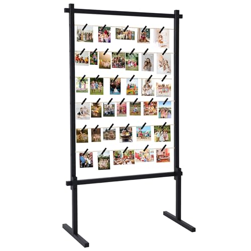 Collage Picture Frame,Photo Display Board with Clips,Wood Pictures Photos Frames With Stand for Wedding Graduation Party Birthday Greeting Letter Christmas Cards Holder Organizer,53 inch(Black) - color: Black, size: Standing(53")