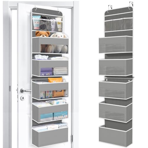 WISELIFE 6-Tier Over The Door Organizer Storage Detachable Design Door Hanging Storage Organizer with Clear Window Behind The Door Storage for Nursery Bedroom Bathroom Pantry Closet Grey - color: Grey, size: 6-Tier