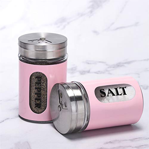 Salt and Pepper Shakers Stainless Steel and Glass Set with Adjustable Pour Holes (Pink) - color: Pink