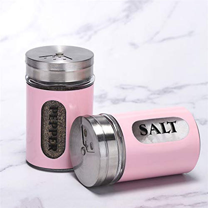 Salt and Pepper Shakers Stainless Steel and Glass Set with Adjustable Pour Holes (Pink) - color: Pink