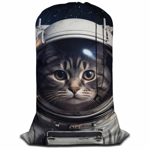 Swono Cat In Outer Space Extra Heavy Duty Laundry Bag, Cute Cartoon Kitten Astronomy Cosmos Dirty Clothes Drawstring Bag with Tear Resistant Fabric, Laundry Liner for Hamper, Space Adventure - color: Cat In Outer Space