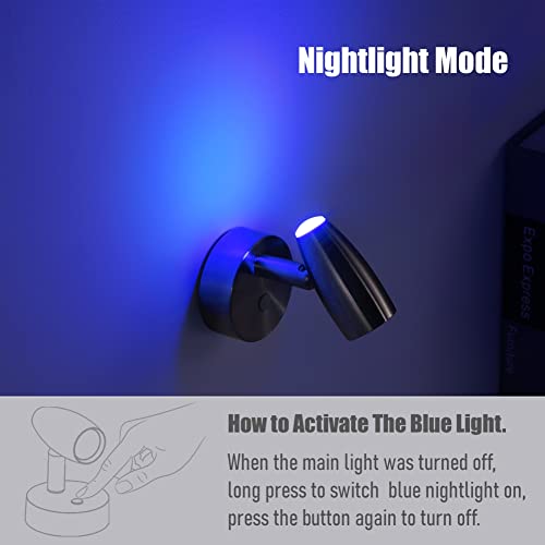 RV Reading Light 12V Swivel LED Spotlight with Quick USB Charger & Blue Nightlight, Camper Van Travel Trailer Bedroom Reading Light,3-1/2" Length,12-24VDC Hard-Wired (Brushed Nickel) - color: Brushed Nickel with Nightlight
