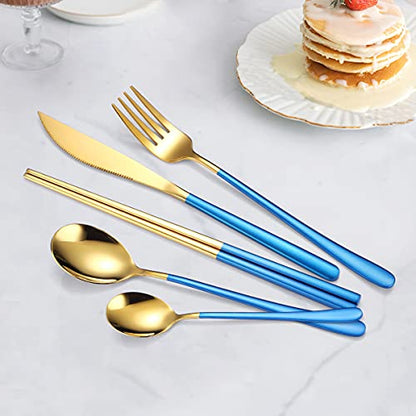 AARAINBOW 6 Pieces 18/8 Stainless Steel Flatware Set Portable Reusable Cutlery Set Travel Utensils Set Including Chopsticks Knife Fork Spoon Straws Cleaning Brush Dishwasher Safe (Blue golden) - color: Blue golden