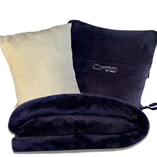 KULULU Travel Blanket and Pillow Set, Soft and Cozy Fleece Poncho with Pocket, Memory Foam Pillow for Extra Comfort, Portable with Luggage Strap, Perfect for Airplane Train Camping (BLUE) - color: Midnight Blue