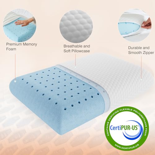 DUMOS Memory Foam Pillows for Sleeping 2 Pack, Bed Pillows for Adults with Washable Cover and Breathable Mesh, Gel Cooling Pillow for Back and Side Sleeper Support, White - size: Standard Size 2 Pack